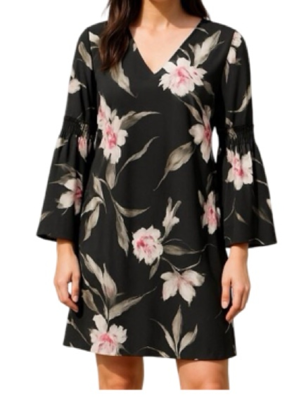 WHITE HOUSE BLACK MARKET Black Floral Mini Dress Bell Sleeve Size 8